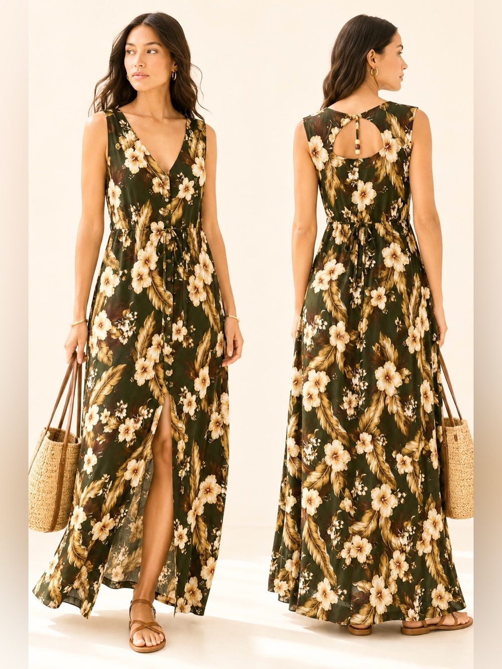 Vintage Olive Maxi Dress with Cream Floral Print